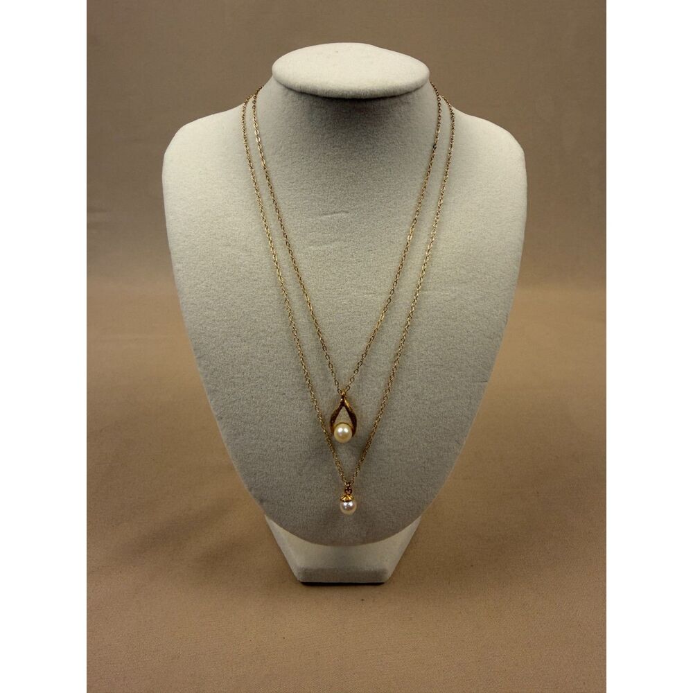 Vintage 1970s Mid-Century Textured Teardrop Pearl Pendant Necklaces - 2 Layered